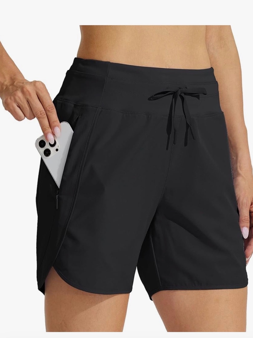 Women’s Black Athletic Drawstring Shorts with Zip Pocket